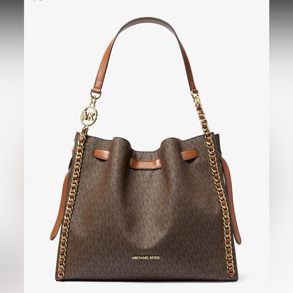 Large Michael Kors Mina Brown & Chestnut Logo Satchel with Gold Hardware - Picture 1 of 8